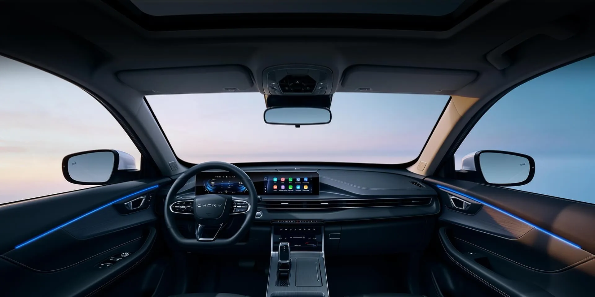 Cockpit des Chery TIGGO 4 mit Doppelbildschirm und Ambientebeleuchtung