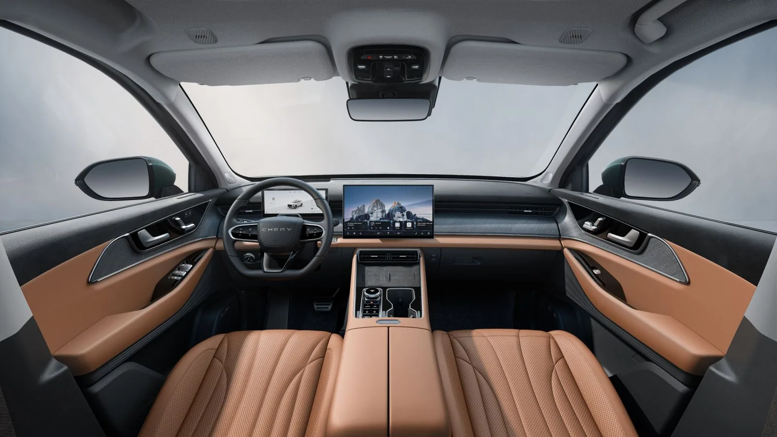 Armaturenbrett des Chery TIGGO 9 PHEV mit grossem Zentraldisplay und hellem Leder