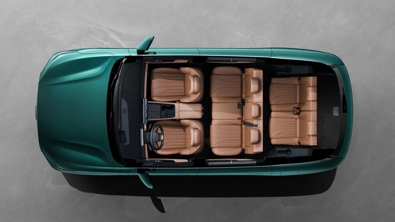 Draufsicht auf die drei Sitzreihen des Chery TIGGO 9 PHEV in hellem Leder